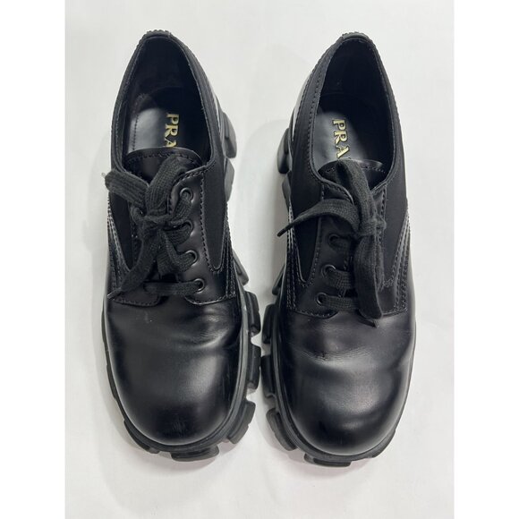 Prada Monolith Brushed Leather Nylon Lace Up Shoes Style 2EE342 in Black